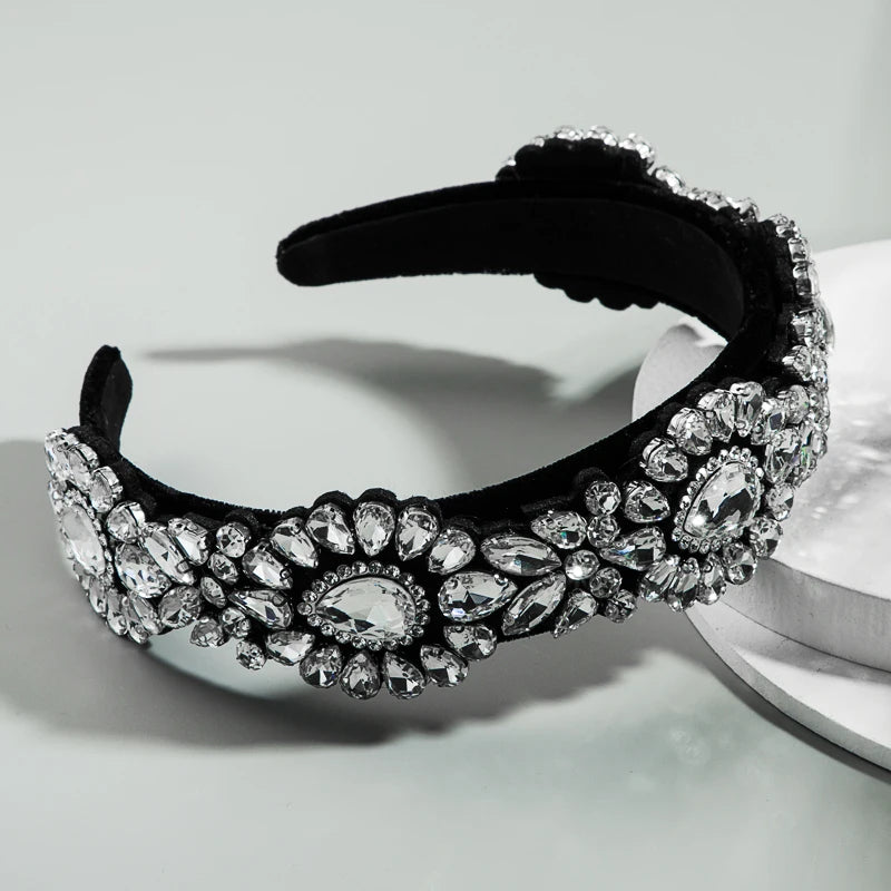Trendy and Stylish Black Velvet Hair Hoop With Rhinestones and Ultra Sparkling Wide Brimmed Women's Palace Style Hair Accessorie
