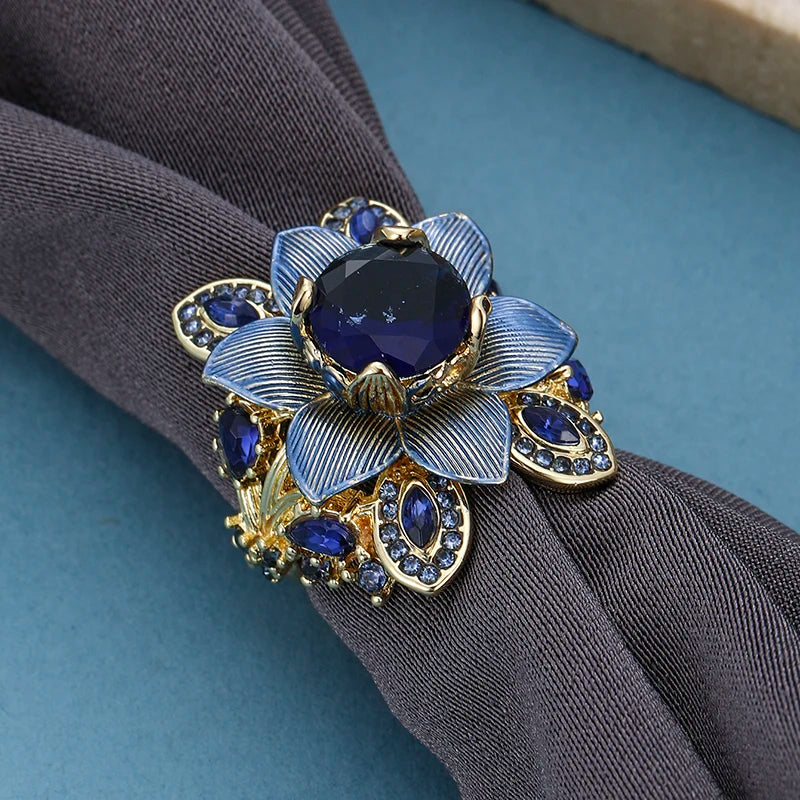 Luxury Blue Red Cubic Zirconia Floral Statement Ring Two-Tone Color Ring Elegant Cocktail Ring For Women Party Wedding Jewelry