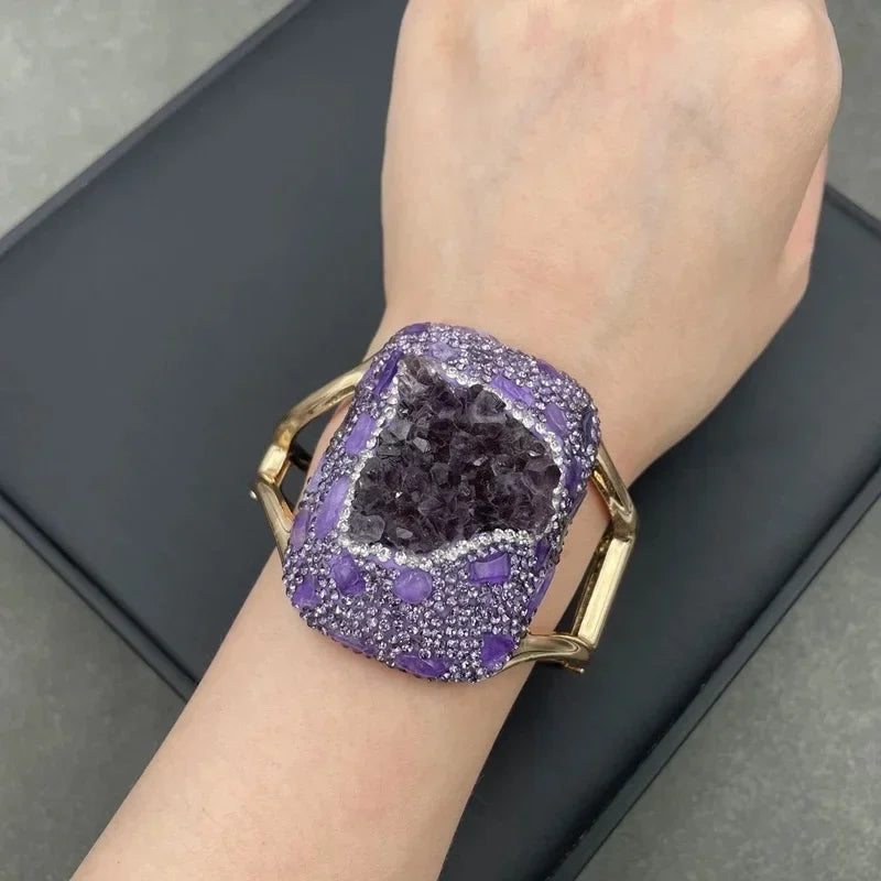 Raw Amethyst Quartz Baroque Freshwater Pearl Bracelet Ring Dotted with Rhinestone Amethyst Original Crysta Love Guardian Jewelry