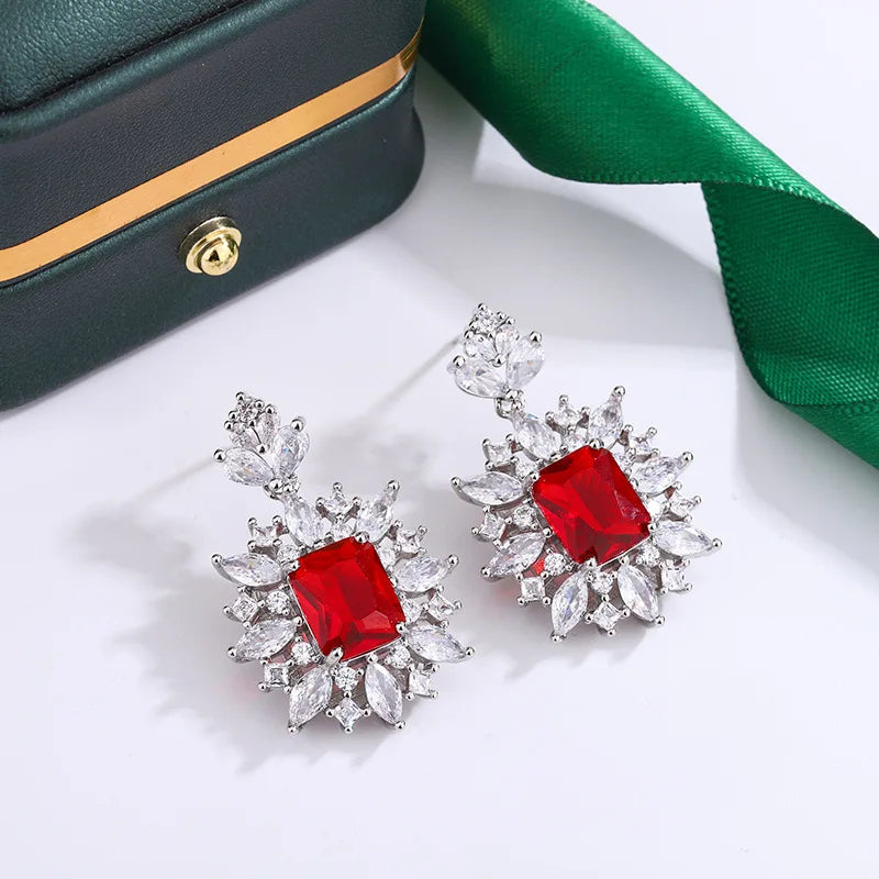 925 Silver New Emerald Geometric Earrings Feminine Exaggerated Light Luxury Princess Square Diamond Earrings Party Birthday Gift