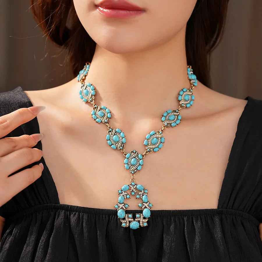 1/2 Pcs Vintage Cross Blue Oval Pendant Neckalces Women Mediaeval High-End Dangle Earrings Statement Banquet Jewelry Sets N