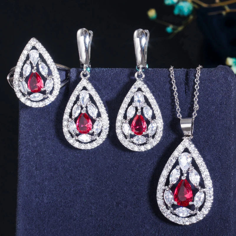 ThreeGraces Shining Red Zirconia Water Drop Shape Earring Necklace Ring Fashion Bridal Party Jewelry Set for Women JS554