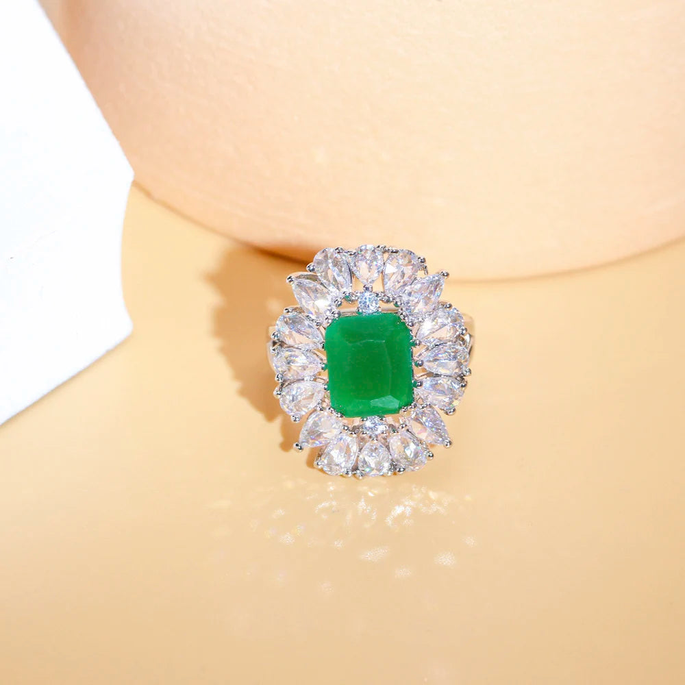 ThreeGraces Luxury Green Purple Cubic Zirconia Silver Color Adjustable Size Wedding Engagement Ring for Women Chic Jewelry R168