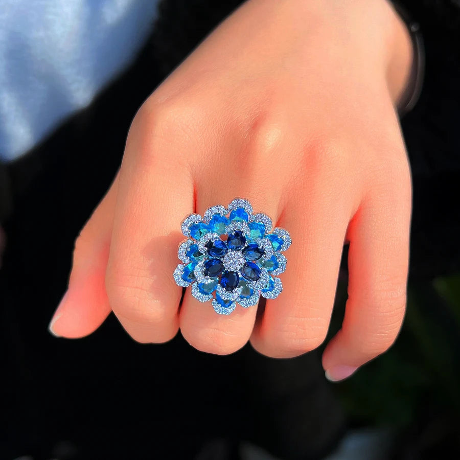 ThreeGraces Elegant Shiny Blue Zirconia 3D Design Big Flower Open Size Ring for Women Luxury Bridal Wedding Party Jewelry R325