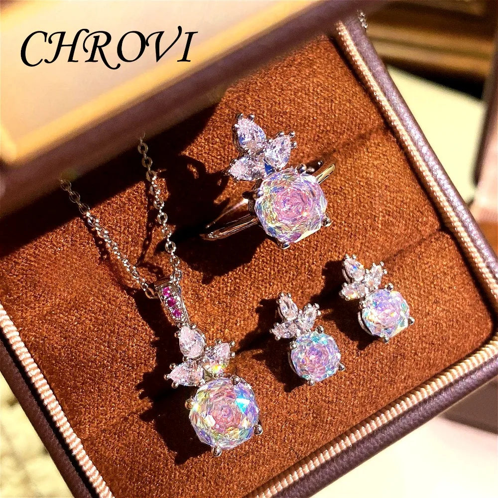 Luxury 925 Sterling Silver Millennium Rose Diamond Pendant Necklace, Diamond Ring and Stud Earring Set