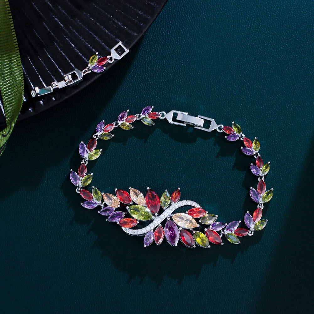 ThreeGraces Luxury Shiny Multicolor Zirconia Big Leaf Bracelet for Women Fashion Bridal Wedding Evening Party Jewelry BR402
