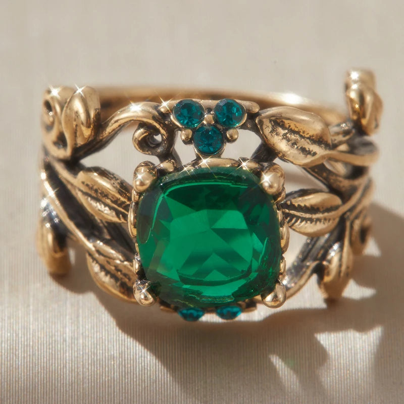 1PC Gold Color Leaf Design Ring for Women with Square Green Cubic Zirconia Aesthetic Female Wedding Party Trendy Jewelry