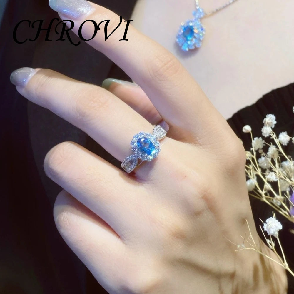 Fashion 925 sterling silver sky blue topaz full diamond minimalist style open ring for women - finger ring