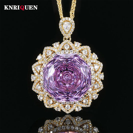 Retro 18*18mm Amethyst Pink Quartz Lab Diamond Gold Pendant Necklace for Women Cocktail Party Fine Jewelry Accessories Gifts