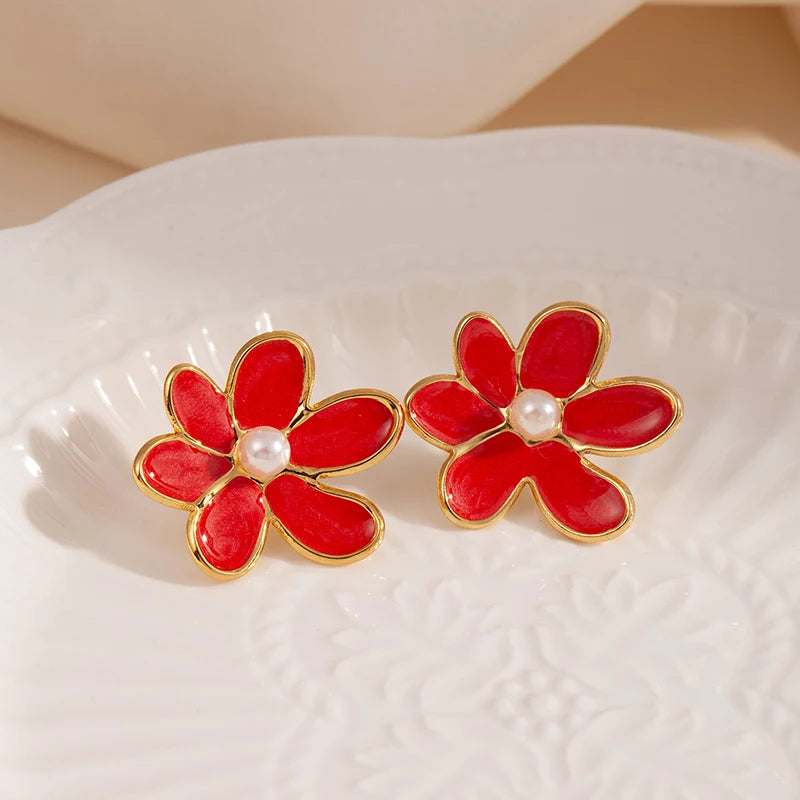 ANENJERY 316L Stainless Steel Colorful Enamel Flower Butterfly Earrings For Women French Delicate Elegant Jewelry Birthday Gifts