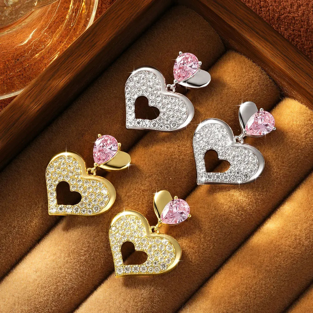 OXTAO Pink Heart-shaped Drop Earrings Sweet Moissanite &CZ Lab Imitation Diamond 14K Gold Filled  for Women Luxury Jewelry