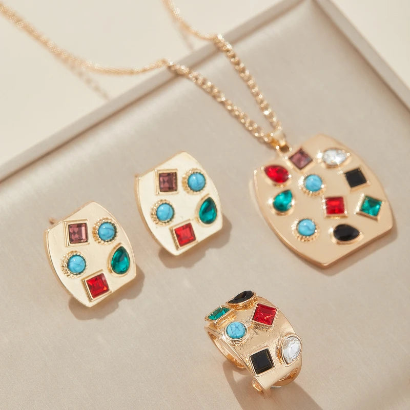 4pcs/set Fashion Jewelry Set with Colorful Inlaid Zirconia Pendant Necklace Earrings Ring for Women Holiday Party Accessories