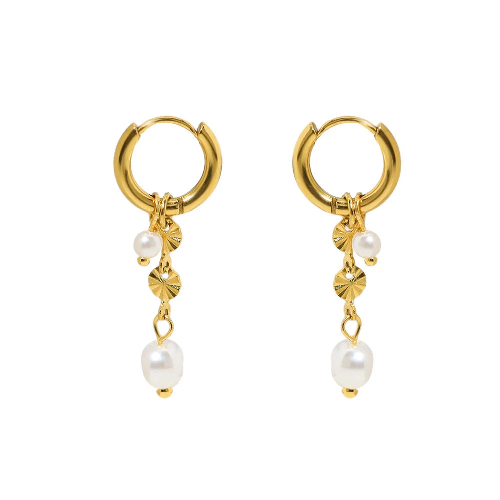 Fashion Round Pearl Pendant Earrings Wedding for Women Waterproof Statement 18K Gold Stainless Steel Hoop Earrings Trend Jewelry