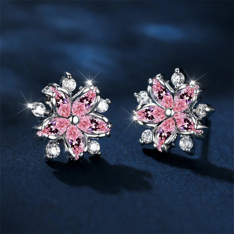 Luxury Female Pink Stone Flower Stud Earrings Silver Color Zircon Wedding Jewelry For Women