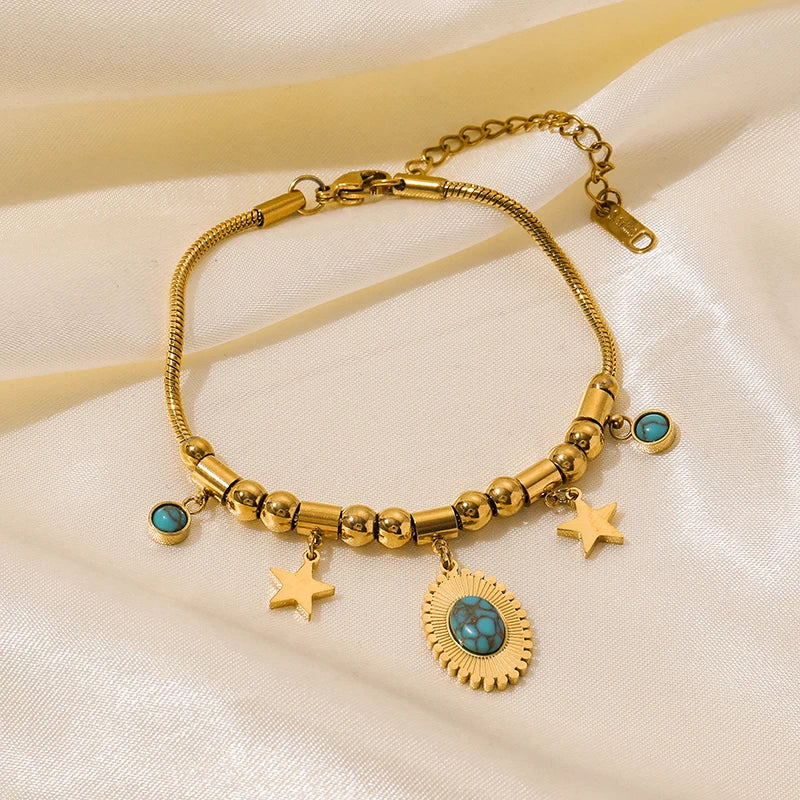 EILIECK 316L Stainless Steel Water Drop Zircon Butterfly Hexagram Charm Bracelet For Women Trend Fashion Gold Color Jewelry Gift