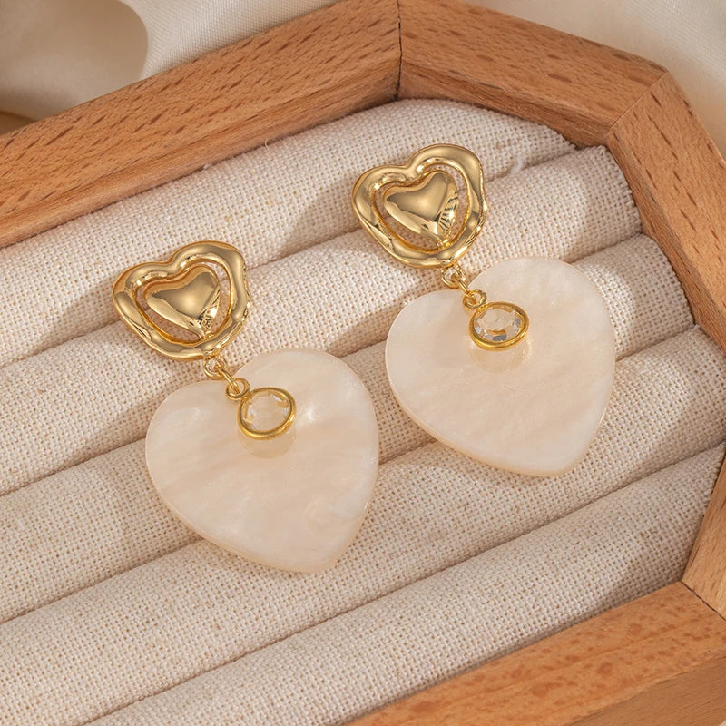 ANENJERY 316L Stainless Steel Double Layer Heart Pendant Stud Earrings For Women French Vintage Luxury Niche Jewelry Gift