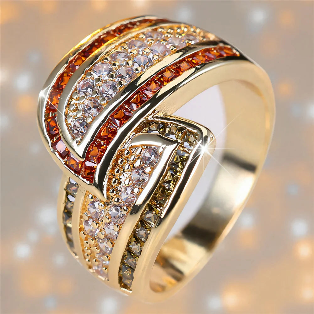 Cute Female White Zircon Stone Gold Color Wedding Jewelry Promise Engagement Wheat Rings For Women