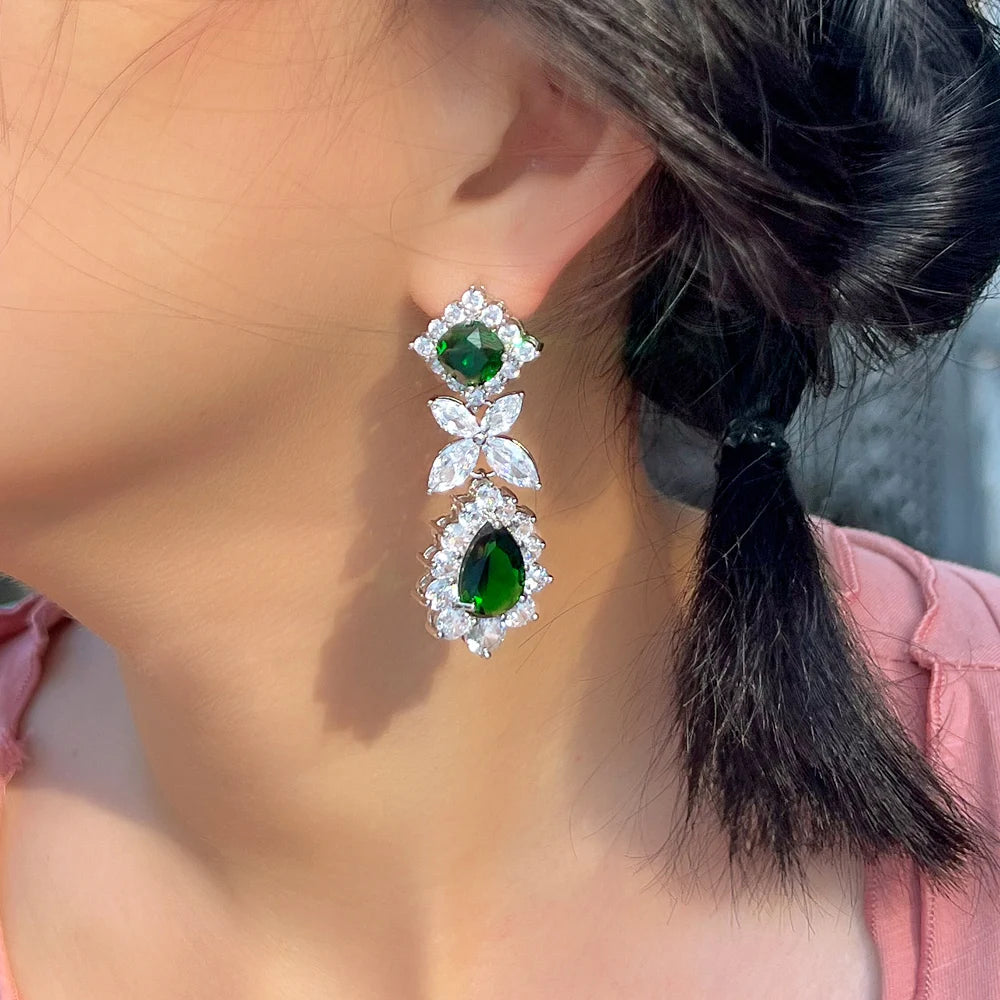 ThreeGraces Luxury Shiny Green Water Drop Zirconia Long Big Dangle Earrings for Women Bridal Wedding Party Jewelry E1748