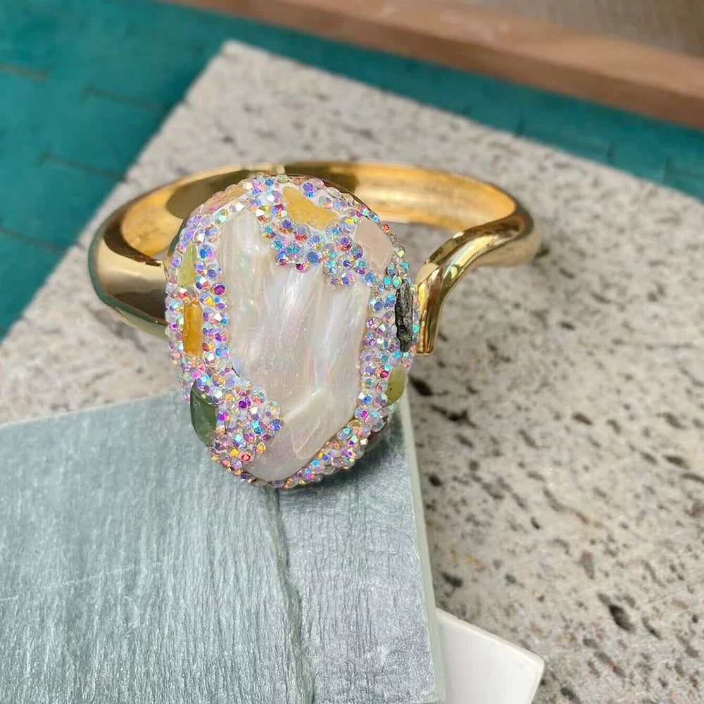 Raw Baroque Freshwater Pearl Open Bangle Women Natural Tourmaline Crystal Cuff Bracelet AB Color Rhinestone Fashion Jewelry