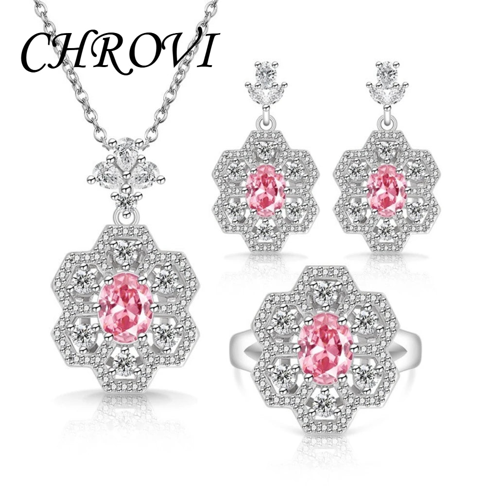 Exquisite 925 sterling silver popular flower-shaped diamond-set pendant necklace, ring, earring set jewelry set