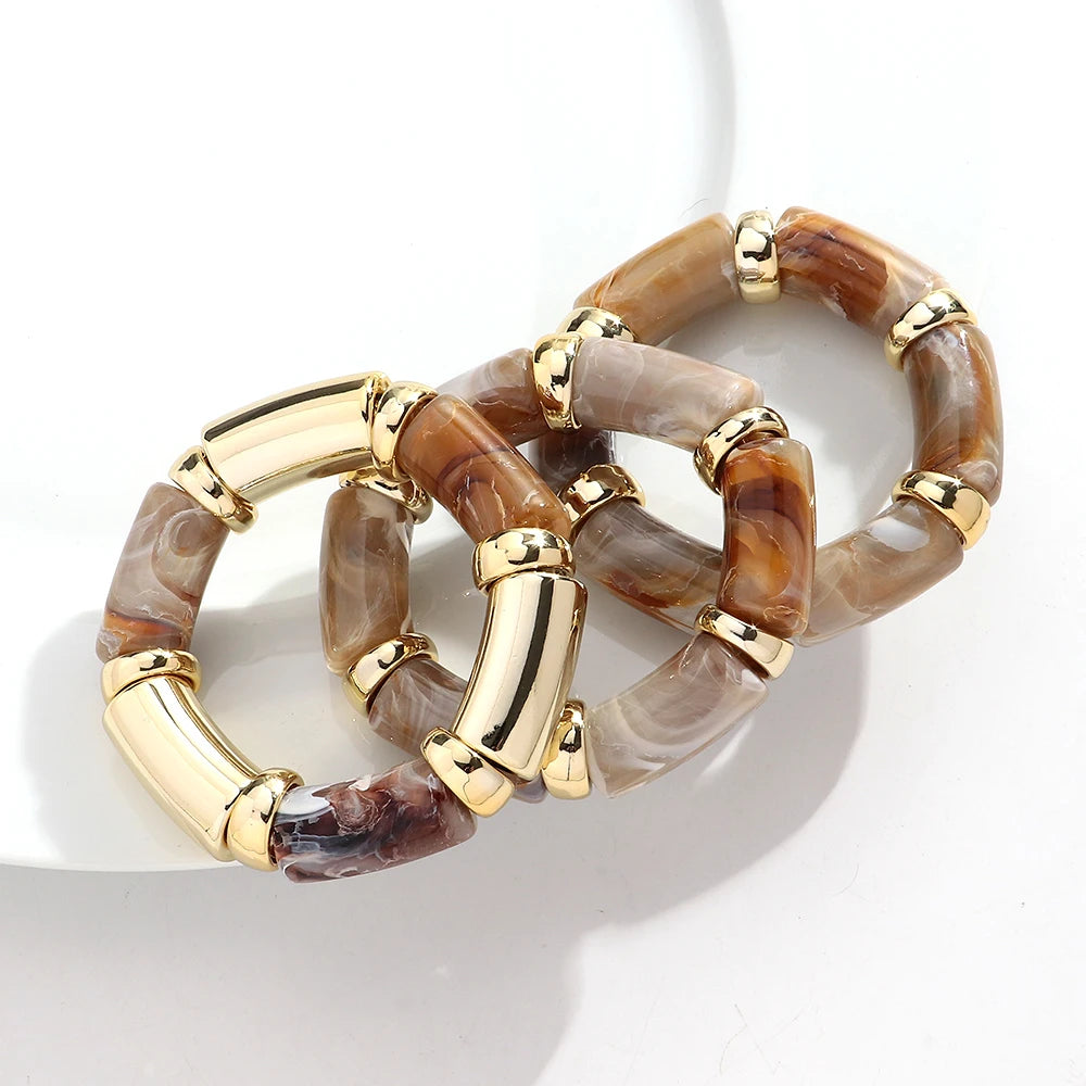 3pcs Fashion Chunky Tube Beaded Elastic Bangle Bracelets Acrylic Marbled Geometric Curved Beaded Bracelet Vintage Jewelry Gifts