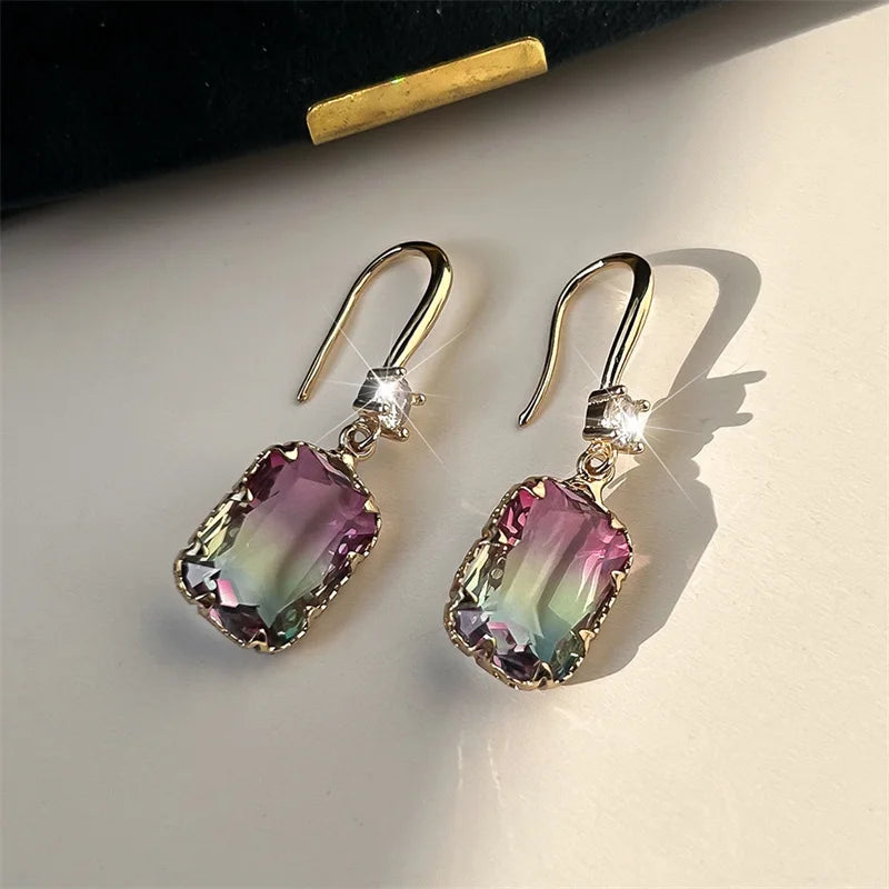 Cute Female Red Green Rainbow Drop Earrings Luxury White Crystal Earrings Yellow Gold Color Wedding Earrings For Women