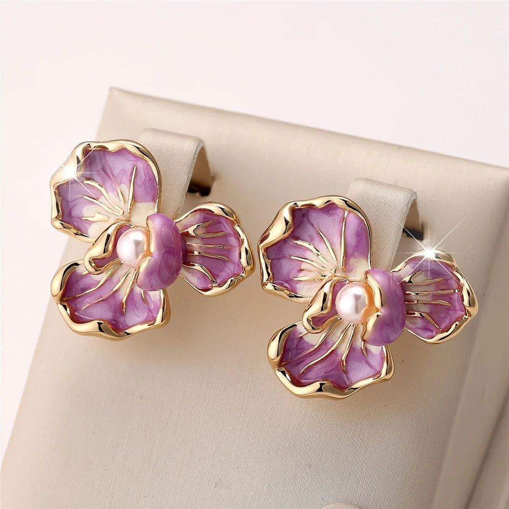 Cute Female White Pearl Purple Enamel Gold Color Flower Stud Earrings Lovely Bridal Wedding Jewelry For Women