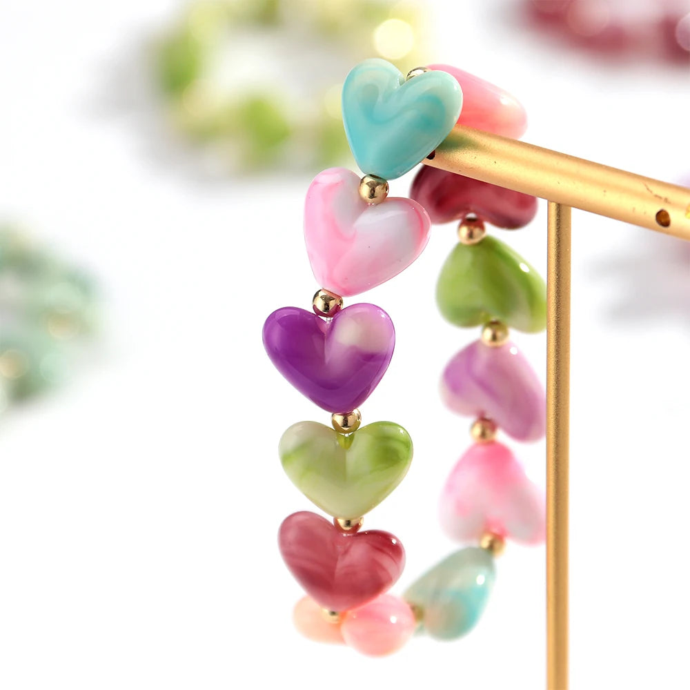 Cute Acrylic Colorful Geometric Heart Beads Elastic Bracelets New Love Heart Beaded Stackable Bangle Bracelet Women Jewelry Gift