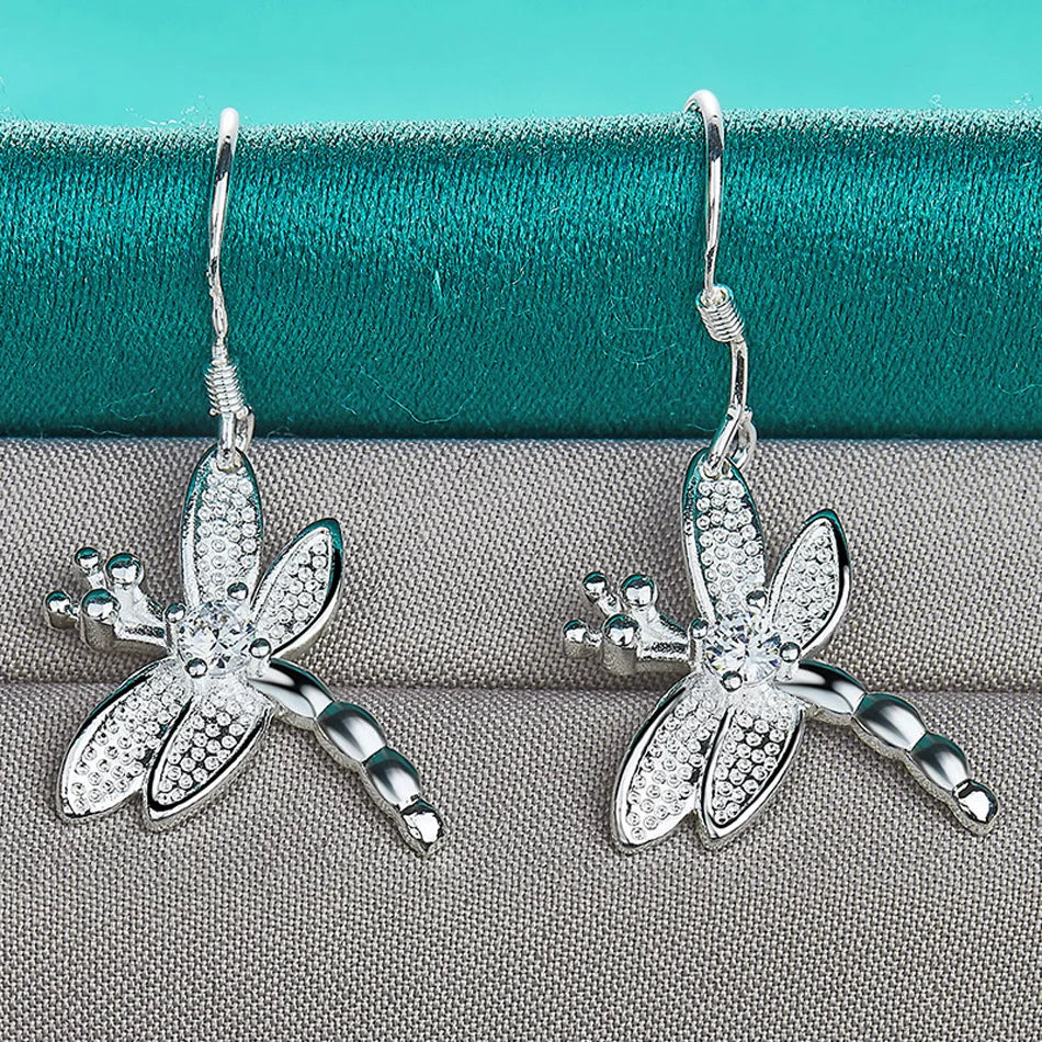 URMYLADY 925 Sterling Silver Dragonfly Zircon Earrings For Women Fashion Wedding Engagement Party Jewelry