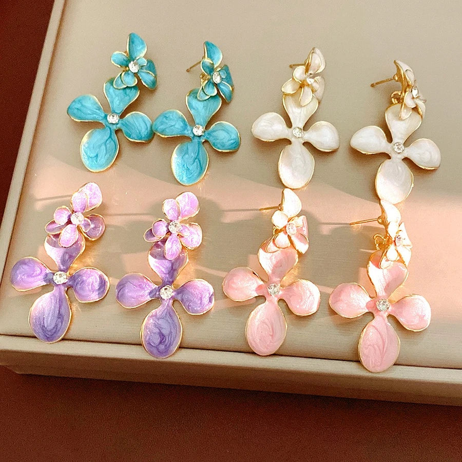 Double Layered Smudging Enamel Flower Drop Earrings for Women Vintage Shiny Rhinestones Dangle Earring Dating Party Jewelry N