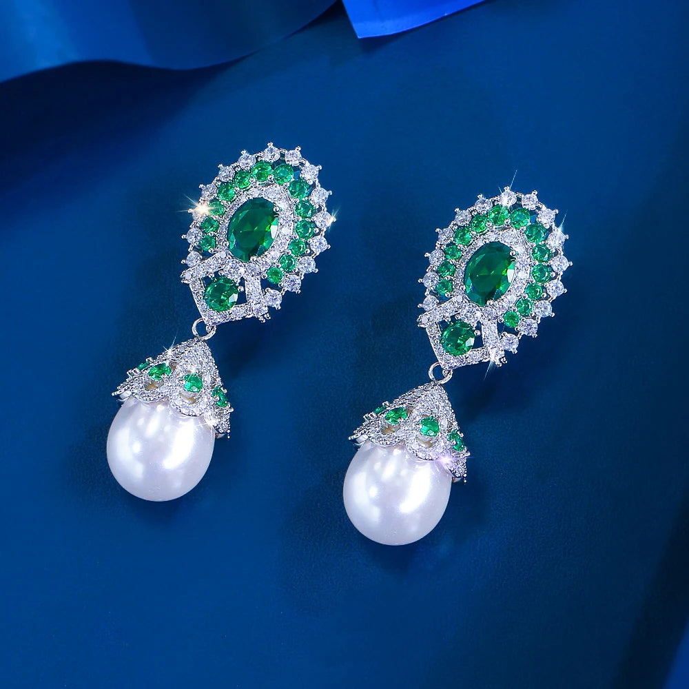 ThreeGraces Luxury Shiny Green White Zirconia Fashion Bridal Wedding Party Big Simulated Pearl Earrings for Women Jewelry E2035