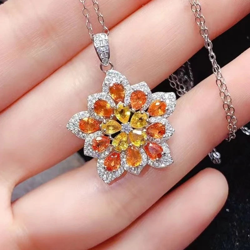 Adorable Natural Yellow Sapphire and Fanta Pendant 925 Silver Gemstone Necklace Pendant with 18K Gold Plated Silver Necklace