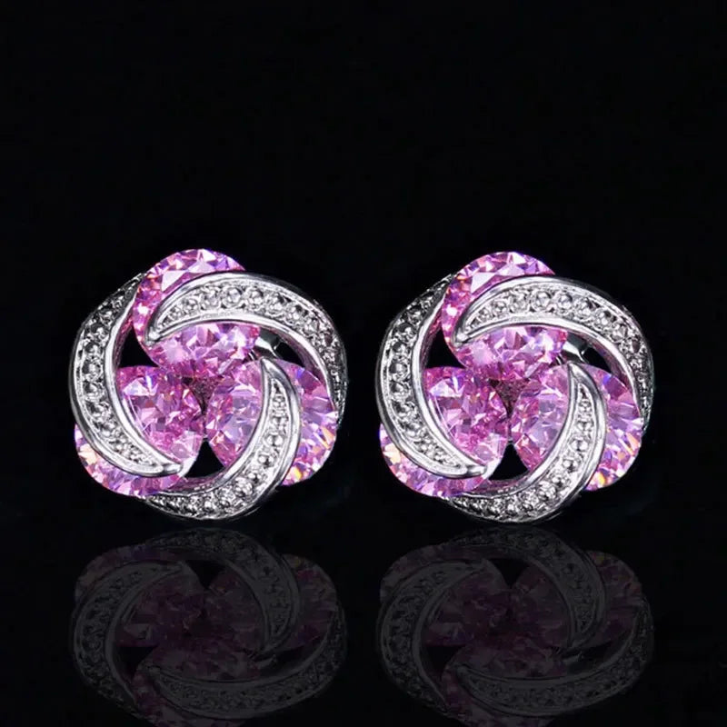 Luxury 925 Sterling Silver Twist Pink Yellow Multicolor Mosaic Zircon Stud Earrings for Women Girls Gift Oorbellen Pendientes