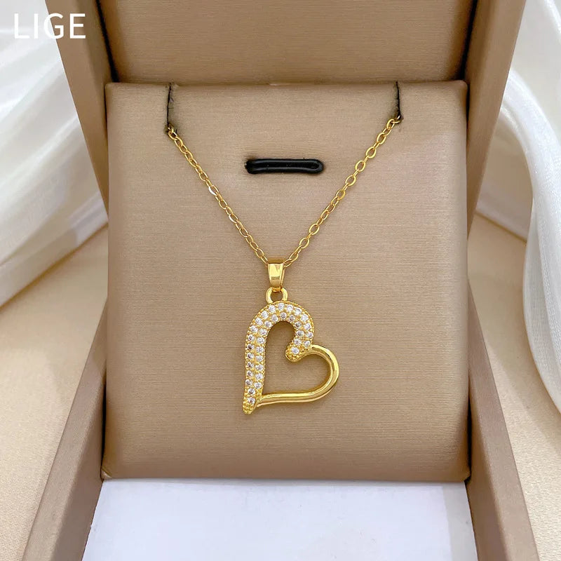 Luxury Heart Necklace for Women Full Paved Bling Cubic Zirconia 14k Gold Color Exquisite Necklace Female Wedding Jewelry