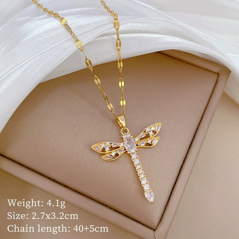 EILIECK 316L Stainless Steel Dragonfly Butterfly Shiny Cubic Zircon Pendant Necklace for Women Luxury Neck Chain Fashion Jewelry