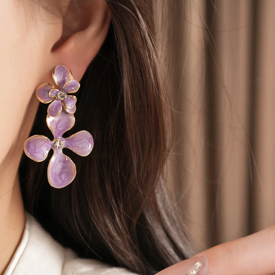 Double Layered Smudging Enamel Flower Drop Earrings for Women Vintage Shiny Rhinestones Dangle Earring Dating Party Jewelry N
