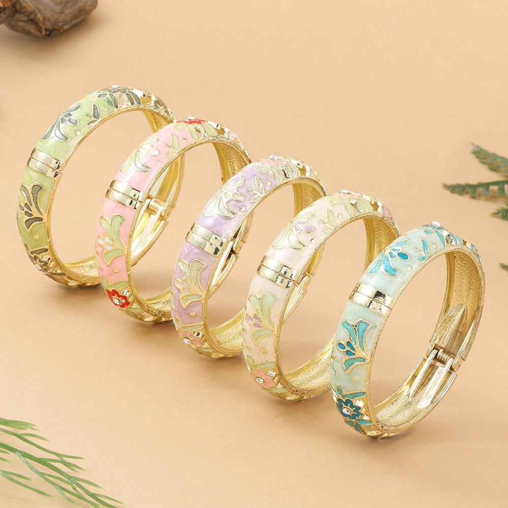 Jardme 1PCS Wide Hollow Enamel Bracelet For Women Vintage Indian Chinese Luxurious Cloisonne Bangles Women's Daily Jewelry