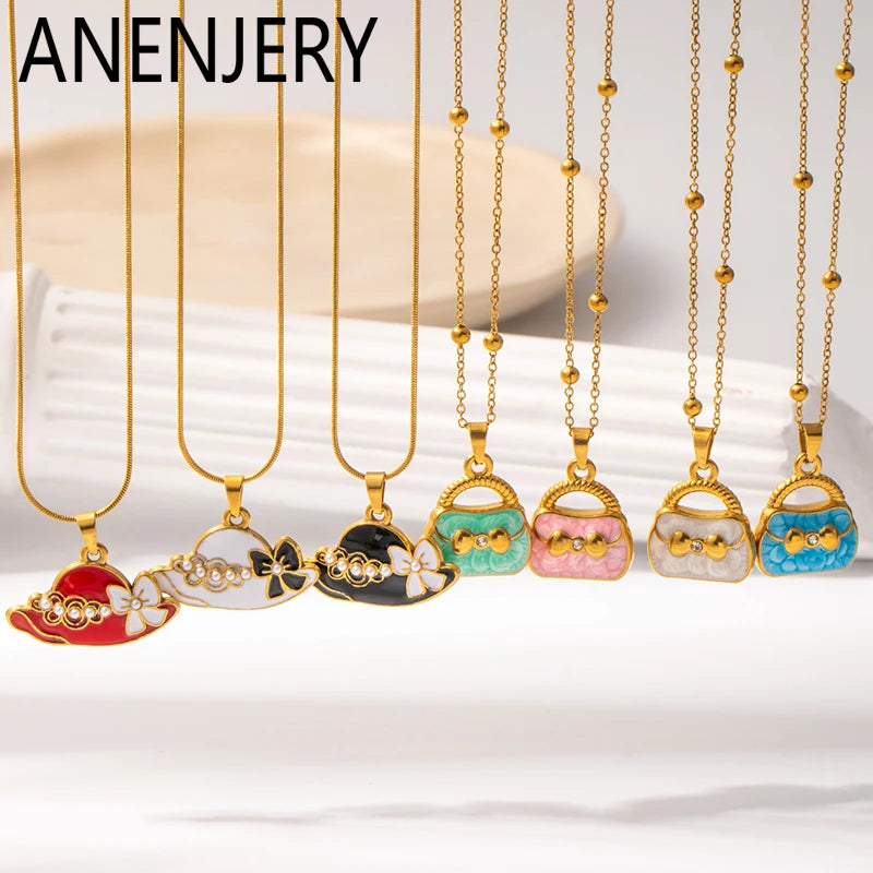 ANENJERY 316L Stainless Steel Colorful Enamel Hat Bag Pendant Necklace For Women Niche Luxury Design Fashion Jewelry Wholesale