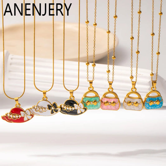 ANENJERY 316L Stainless Steel Colorful Enamel Hat Bag Pendant Necklace For Women Niche Luxury Design Fashion Jewelry Wholesale