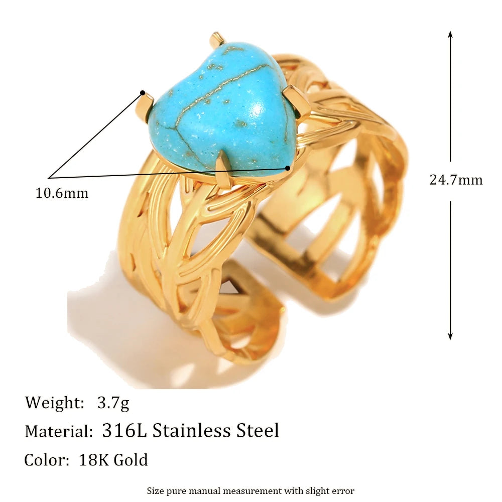 E.B.belle Leaf Pattern Natural Blue Turquoise Stone Heart Opening Ring 18K Gold Plated Stainless Steel Party Waterproof Jewelr y
