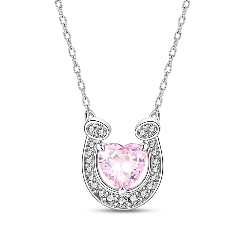 2026 New 925 Sterling Silver Pink Zirconium Horseshoe Necklace For Women Birthday Anniversary Jewelry Gifts