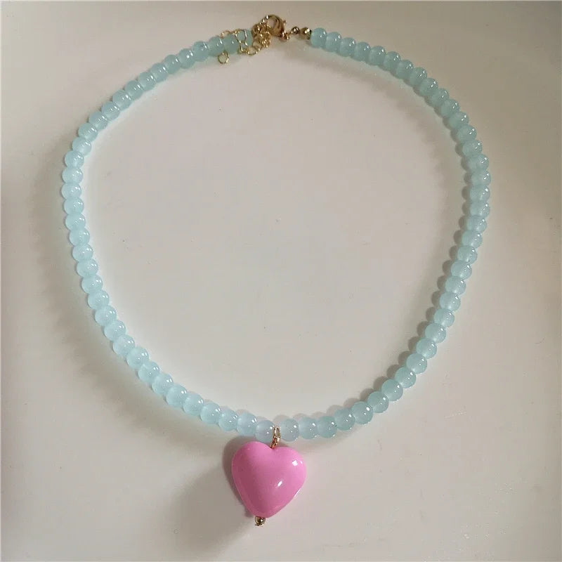 Kpop Resin Candy Color Heart Pendant Glass Beaded Short Choker Collar Neck Necklace Aesthetic Charm Jewelry Y2K Accessories