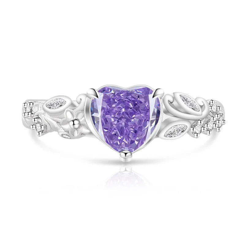 925 Sterling Silver Heart Ice Flower Cut Solitaire Ring, Antique Floral Band with Marquise Side Zircon, Ladies Party Jewelry