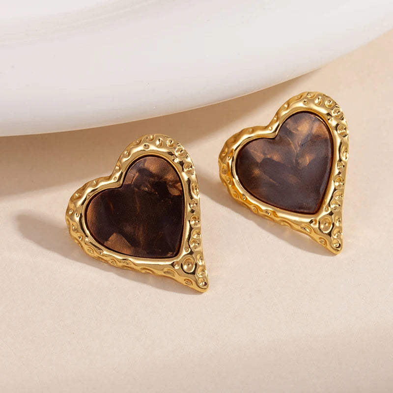 ANENJERY 316L Stainless Steel Ripple Metal Heart Earrings For Women Bohemia Niche Vintage Personality Delicate Jewelry Gifts