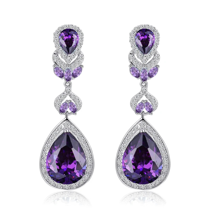 ThreeGraces Elegant Shiny Purple Water Drop Zirconia Big Long Bridal Wedding Party Earrings for Women Banquet Jewelry E1442