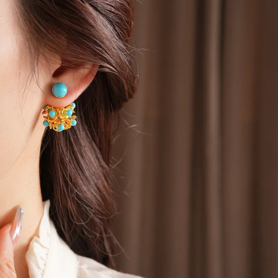 Dual-style Cubic Resin Flower Hollow Out Stud Earrings for Lady Retro Double Balls Ear Studs Statement Party Jewelry N1