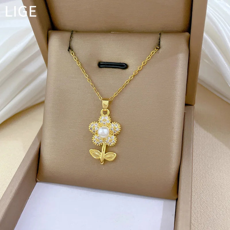 Sparkling Luxury Cubic Zirconia Pearl Flower Pendant Stainless Steel Women's Necklace Fashion Waterproof Jewelry Gift