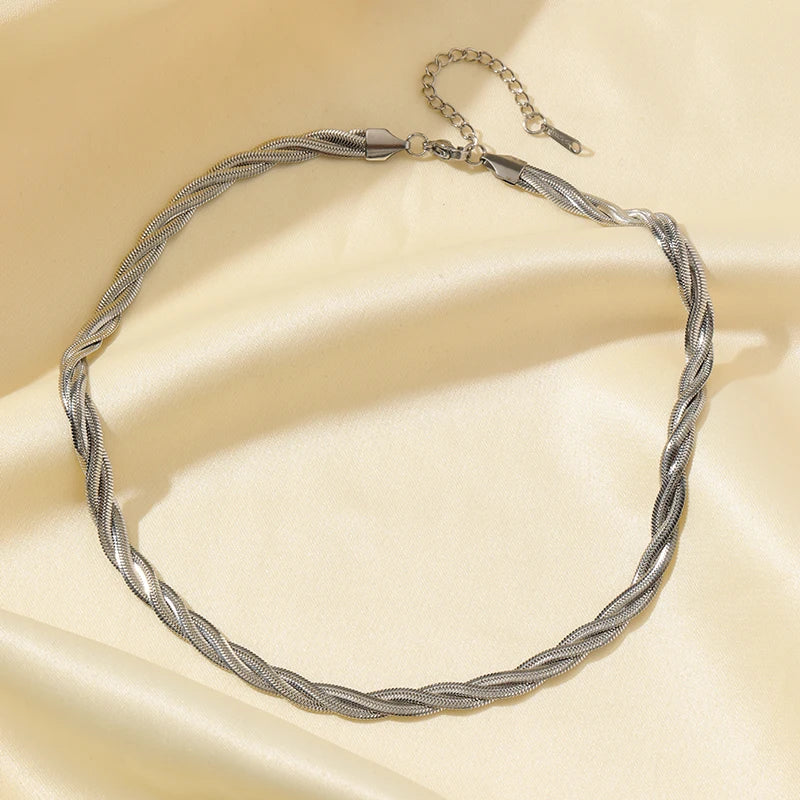 EILIECK 316L Stainless Steel Metal Cross Woven Chain Necklace Bracelet Set For Women Fashion Statement Waterproof Jewelry Gift