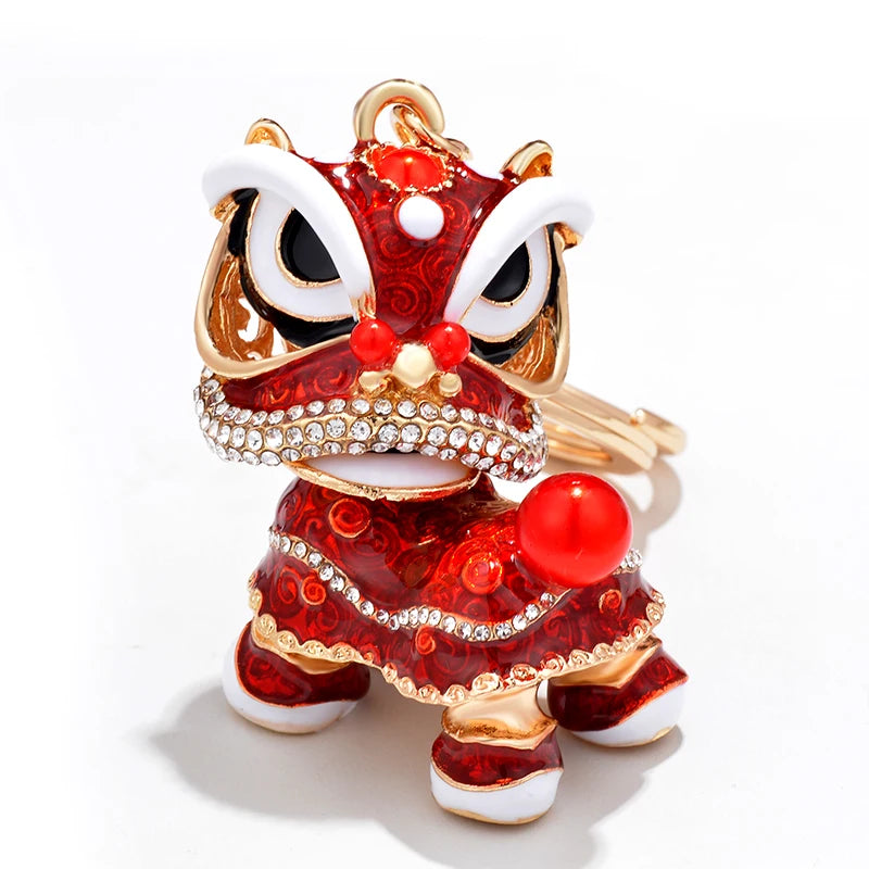 EASYA Chinese Lion Dance Chinatown GIFTS Rotatable Car Keychain Crystal Lucky Mascot Key Chain Ring  Souvenir