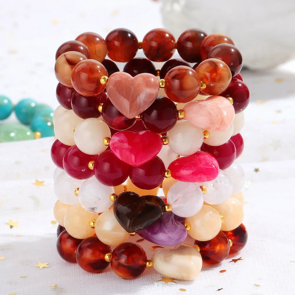 Trendy Acrylic Round Heart Beads Elastic Bangle Bracelets Resin Colorful Geometric Beaded Stretch Bracelet Women Charm Jewelry